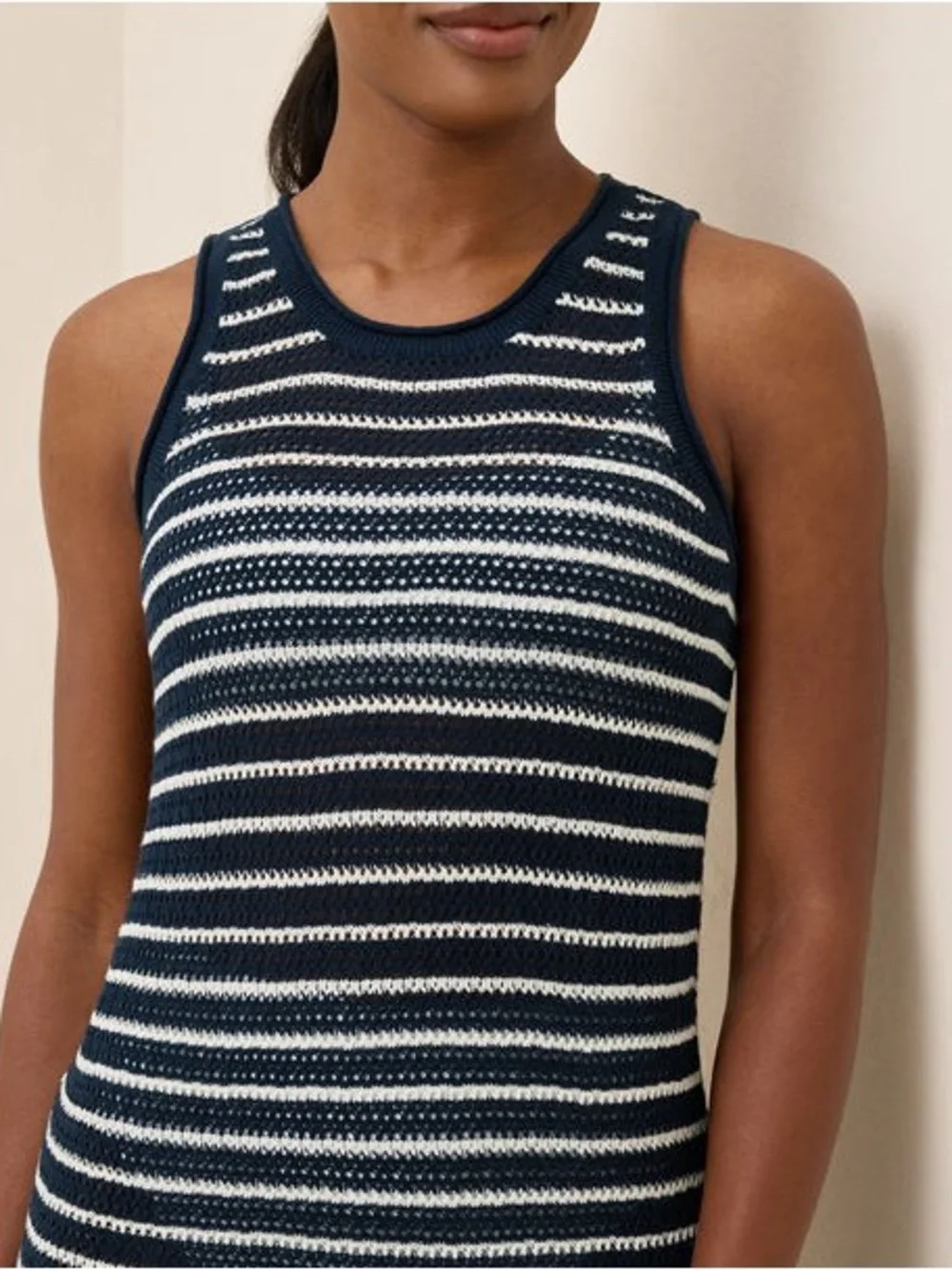 Pact Beachside Linen & Cotton Crochet Knit Cover-Up in Navy Capri Stripe